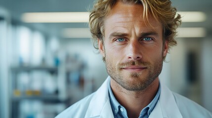 Confident Male Scientist Posed in Vivid Laboratory Setting