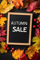 Colorful autumn leaves frame a chalkboard sign that announces a seasonal sale, creating a festive and inviting atmosphere.