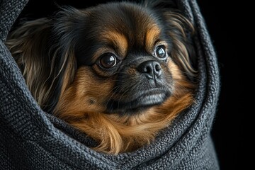 A Brown and Black Dog Peeking Out From a Gray Blanket