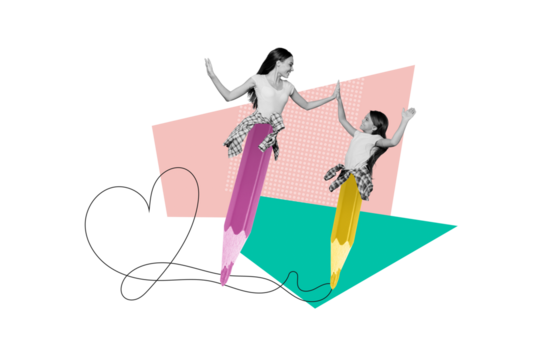 Creative drawing collage picture of happy family mother daughter nurse pupil teacher schoolgirl pencil body heart drawing parenthood