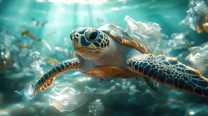 Fototapeta premium A sea turtle struggling to swim through floating plastic bags in a heavily polluted ocean