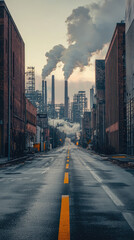 Fototapeta premium A Solitary Road Through an Industrial Landscape, Bathed in the Pale Light of Dawn, Smoke Trails Rising in the Distance.