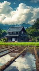 Fototapeta premium Tranquil Japanese Farmhouse Nestled Amidst Lush Rice Paddies Under a Dramatic Sky