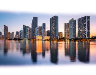 Naklejka premium miami skyline dusk illuminated buildings reflecting water cityscape set white background highlighting urban architecture