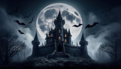 Spooky haunted castle with full moon, ghosts, bats, and eerie atmosphere, perfect for Halloween or horror-themed projects