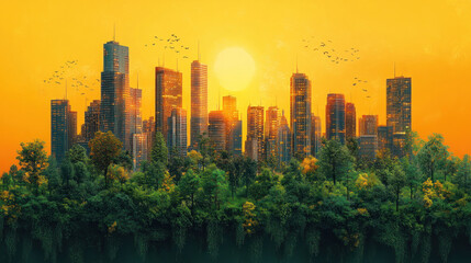 A vibrant, sustainable cityscape with green infrastructure and eco-friendly transportation options, highlighted by a yellow background to signify progress.