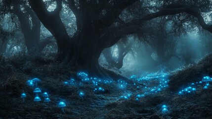 A mystical forest path illuminated by glowing blue mushrooms in the moonlight.