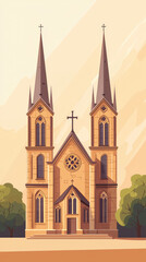 Fototapeta premium A majestic medieval church with towering spires, intricate details, and a warm, inviting atmosphere.