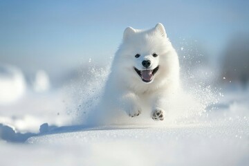 A White Dog Running Through Snow With Its Tongue Out