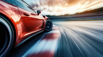 A car speeding down a racetrack, with motion blur capturing the thrill of high-speed racing.