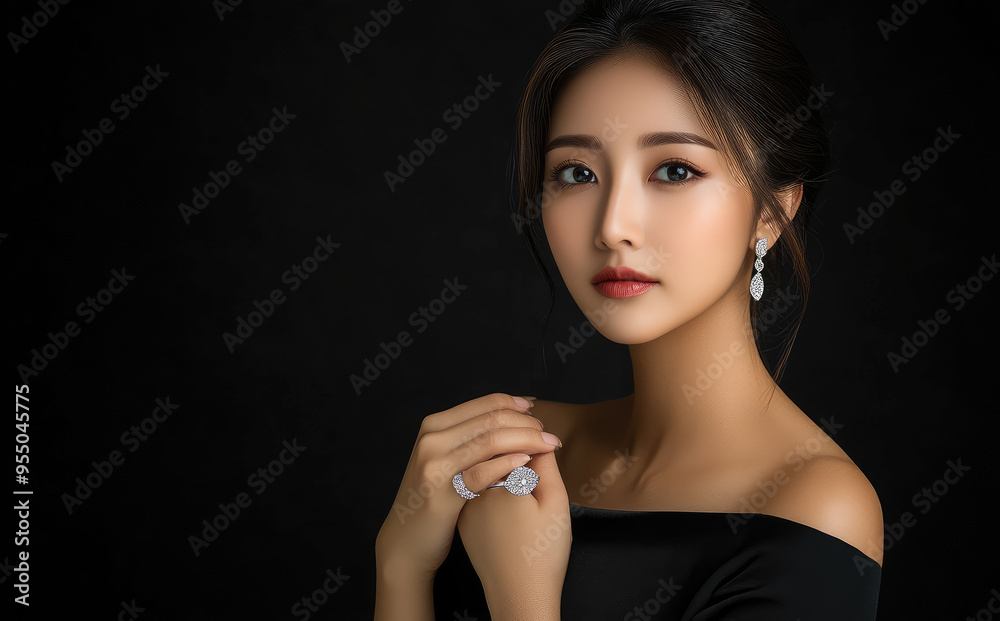 Canvas Prints Portrait of a beautiful Asian woman in a black dress, showcasing a luxury bracelet on her hand, isolated against a dark background.