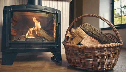 Wicker basket of firewood beside fireplace chimney