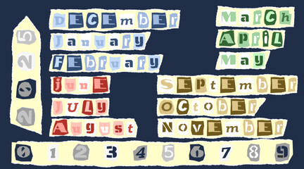 Set of cut newspapers magazines and paper vintage colorful words. Calendar diary theme - Happy New Year, season, 2025, month, number. Trendy elements for collage and clip art. Vector illustrations.