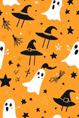 Cute Halloween seamless pattern with ghosts, witches hats and stars on orange background.