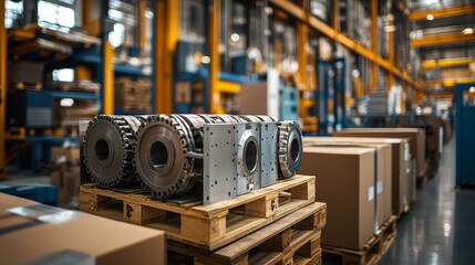 Fototapeta premium A logistics hub featuring a pallet loaded with heavy-duty machinery parts, ready for transport, with industrial tools and equipment in the background
