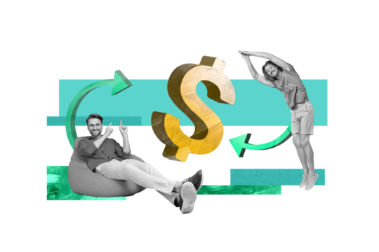 Composite collage picture image of two together young man coworkers colleagues dollar sign symbol arrow entrepreneur professional