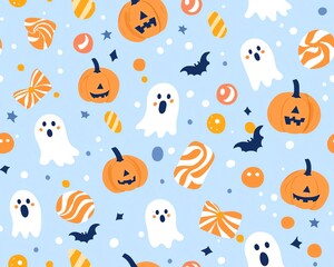 Cute Halloween seamless pattern with pumpkins, ghosts, candy, and bats on blue background