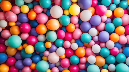 Obraz premium Vibrant and Colorful Balloons Stacked for an Abstract Background. Festive Celebration and Party Decor Ideas with Joyful and Energetic Feel.