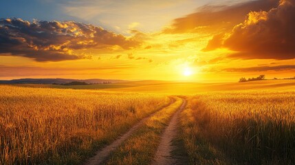A dirt track winding through a golden field at sunset, symbolizing serenity and the beauty of the countryside