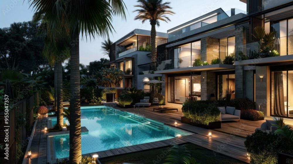 Poster A large house with a pool and a palm tree in the background