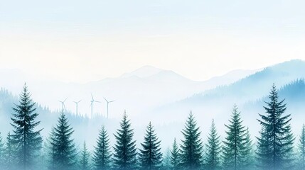 Fototapeta premium Forest with wind turbines, harmony of nature and technology, Watercolor style