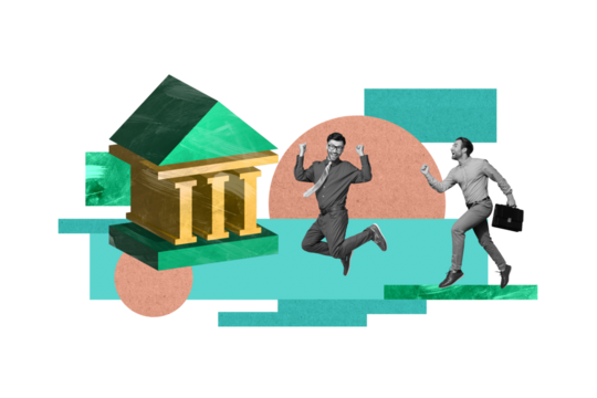 Creative drawing collage picture of bank building banker economist entrepreneur two together man jump run employee investment market money