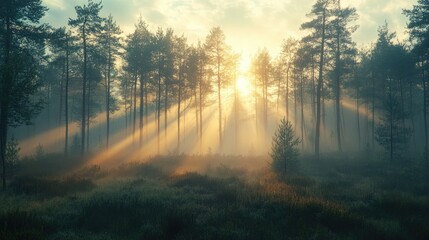 A foggy morning in a pine forest with sun rays piercing through the mist, illustrating the beauty of nature at dawn.