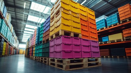 Fototapeta premium A neat stack of vibrant boxes on a pallet, symbolizing diversity in stock, against the backdrop of a high-tech warehouse with bright lighting