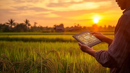 Future Agriculture: Farmer using Smart Farm Technology at Sunset with Digital Landscape Data Icons in Rice Field - Online Management System Concept