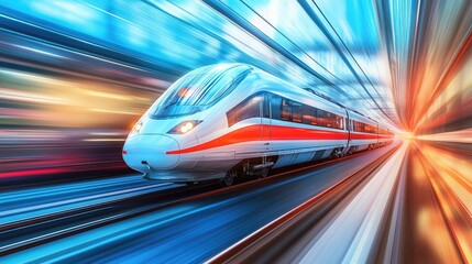 Fototapeta premium A futuristic high-speed train on a modern track, representing innovation in transport and technology.