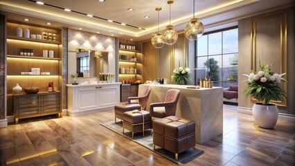 Glamorous beauty salon interior with elegant decor, spa ambiance, and gift vouchers on counter, inviting relaxation and rejuvenation for body and mind.