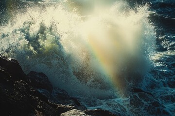 A dramatic shot of a large wave crashing against a rocky shore, with sunlight illuminating the spray and creating a rainbow effect in the mist.