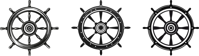 Obraz premium Grayscale Ship Steering Wheel Vector Icons Set