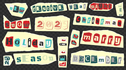 Set of cut newspapers magazines and paper vintage colorful words. New Year theme - Happy marry Christmas, winter, season, 2025, snow. Trendy elements for collage and clip art. Vector illustrations.