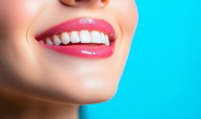 Fototapeta premium Close-up image of smiling lips with perfect white teeth against a vibrant blue background, symbolizing dental health and beauty.