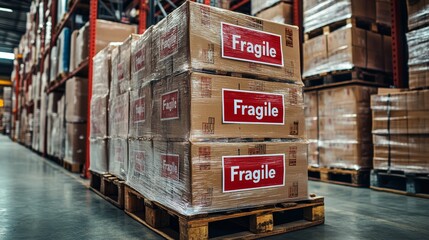 A pallet stacked high with fragile goods, each box covered in bright red "Fragile" warning labels, surrounded by protective wrapping and secured with heavy-duty straps