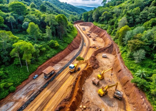 Aerial view of a road construction site with earthmoving equipment and dense foliage, showcasing benching, a technique to stabilize slopes and prevent erosion.