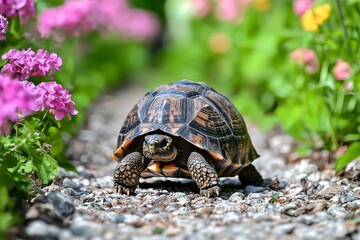 Obraz premium Tortoise Walking on a Gravel Path with Flowers in the Background