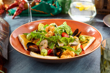 Gourmet Seafood Salad on Toast with Fresh Vegetables