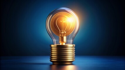 Golden coin with a glowing light bulb inside, symbolizing innovative ideas and bright financial concepts on a dark blue background with subtle gradient effect.