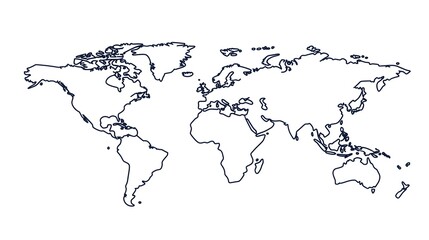 Minimalist Outlined World Map with Clean Continent Borders on White Background