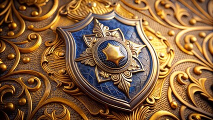 Golden shield with blue enamel finish featuring a silver metallic police badge emblem at center, surrounded by intricate engravings and ornate details.
