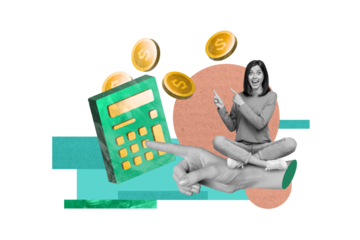 Collage image artwork poster of excited girl economist sit hand show calculator analyzing financial growth isolated on drawing background