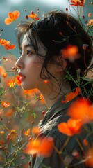 Naklejka premium A young woman with long black hair stands in a field of orange flowers, looking to the side.