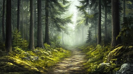 Obraz premium A misty forest path surrounded by towering trees, representing a mysterious and enchanting natural setting.