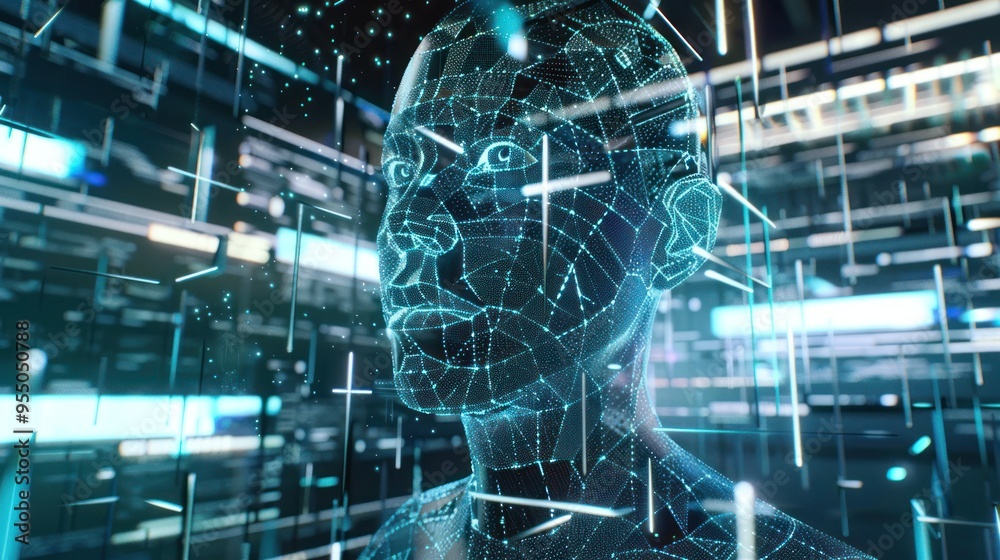 Wall mural Digital Portrait: A  Wireframe Human Figure in  a Futuristic Digital Environment