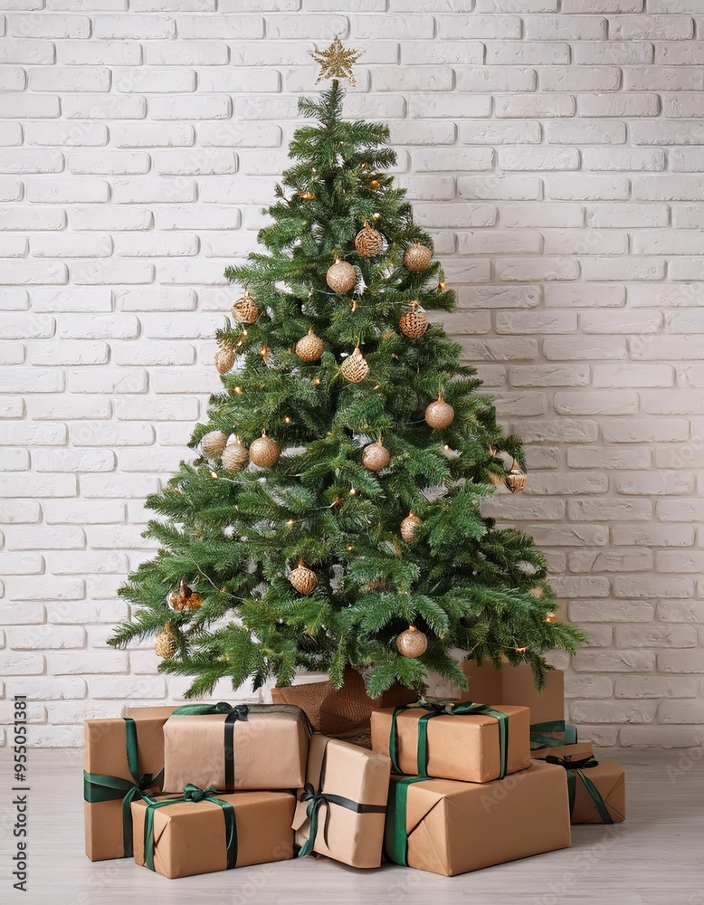 Wall mural decorated christmas tree and gift boxes