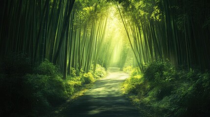 A pathway through a bamboo forest, with light filtering through the leaves, representing serenity and natural beauty.