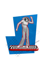 Vertical collage image of mini black white effect girl big eye instead head dancing smart phone...