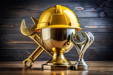 A gleaming golden trophy with a protective helmet and wrench on top, symbolizing recognition for outstanding safety achievements in the industrial workplace.